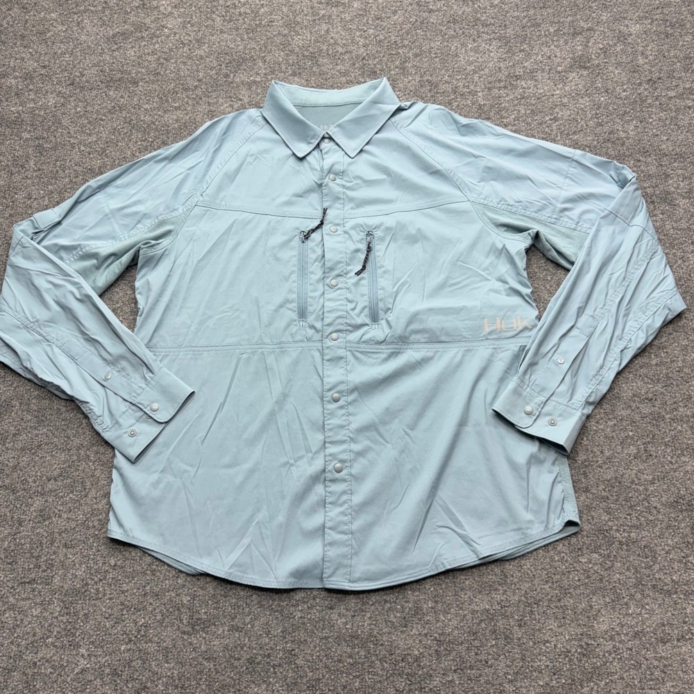 Huk Fishing Shirt Mens Medium Blue Long Sleeve Mesh Back Snap Button Ventilated